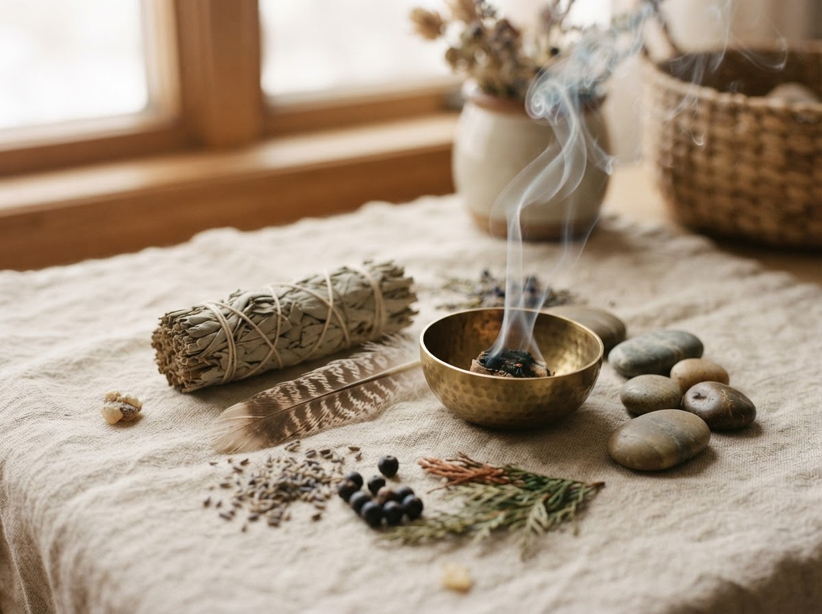 Schamanische Ritualanordnung mit Salbei, Feder und Steinen